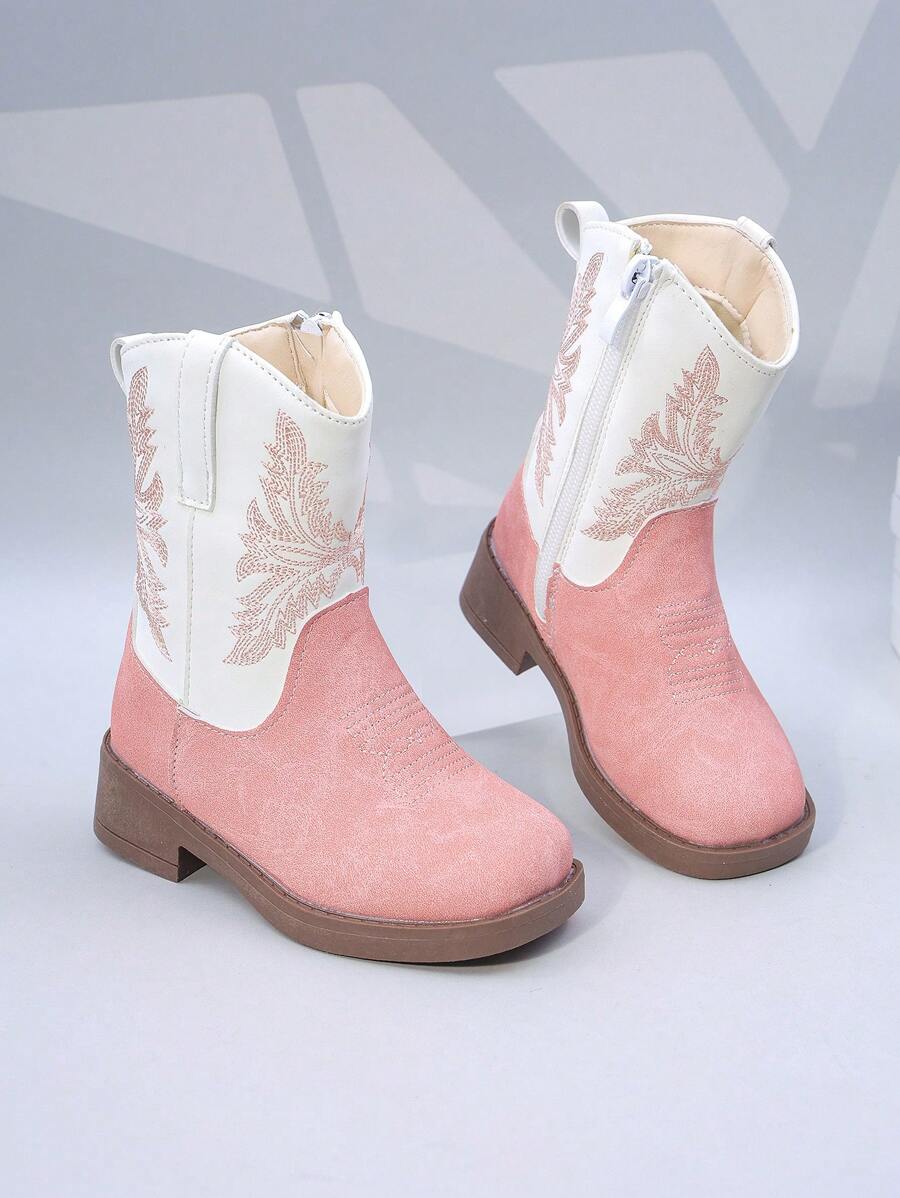 Botas altas para niños, zapatos de niña con botas de tubo alto hasta la pantorrilla, botas occidentales con bordados y tacón alto, diseño de color parchwork con puntera cuadrada y cremallera lateral