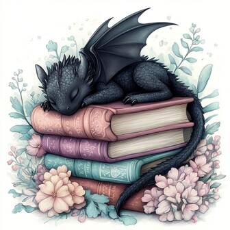 1 Set - 11x11 Inch/15.7x15.7 Inch Full Round Diamond Painting DIY Kit, Sleeping Little Black Dragon With Floral Design On Book, Ideal Gift For Beginners, Home Wall Decor, Relaxing Craft Kit | Imaginative Design | Dragon Craft Unframed Diamond Painting 1 Set