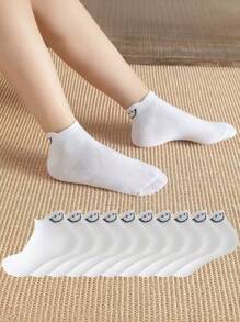 10 Pairs Women Smiling Face Jacquard Boat Socks, Low Vamp Non-Slip Solid Color Thin Soft Simple Short Socks