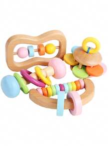 Christmas Decoration 4 Pieces Montessori Baby Toys Wooden Baby Toys Fit Baby Wooden Rattles Baby Teething Toys Silicone Rudder With Beech Wood Rings