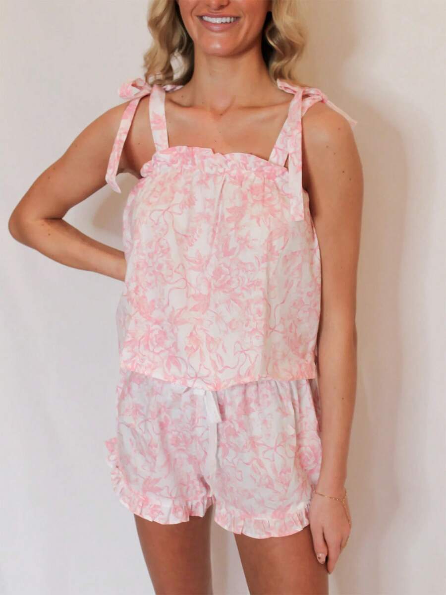 Women Y2k Floral Print 2 Piece Pajamas Set Loungewear Suits Tie-Up Bow Straps Sleeveless Cami Tops And Shorts Vacation Beach Clothes Sleepwear Pjs Outfits - 粉色 - 查看 1