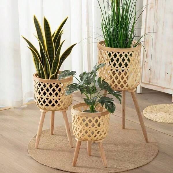 1pc Wicker Flower Stand, Indoor Woven Bamboo Plant Floor Rack For Living Room