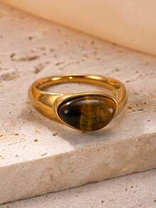 1 件复古不锈钢铸虎眼石几何方形心形泪珠戒指，经典单环设计，适合情侣，珠宝礼物 - 金黃色 - 查看 24