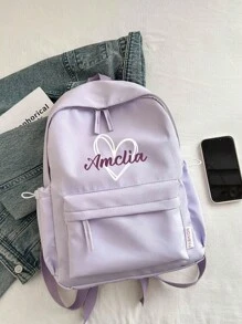 1 pieza Mochila personalizable con estampado de corazón y letras, mochila escolar de unicolor elegante y versátil, adecuada para uso diario, mochila, mochila escolar, mochila, bolsa escolar, bolso, bolsa perfecta para la escuela y la graduación, pequeña mochila rosa, regalo encantador para el regreso a clases