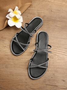 夏季新款玻璃水钻绑带平底交叉绑带时尚度假凉鞋 - 黑色 - 查看 5