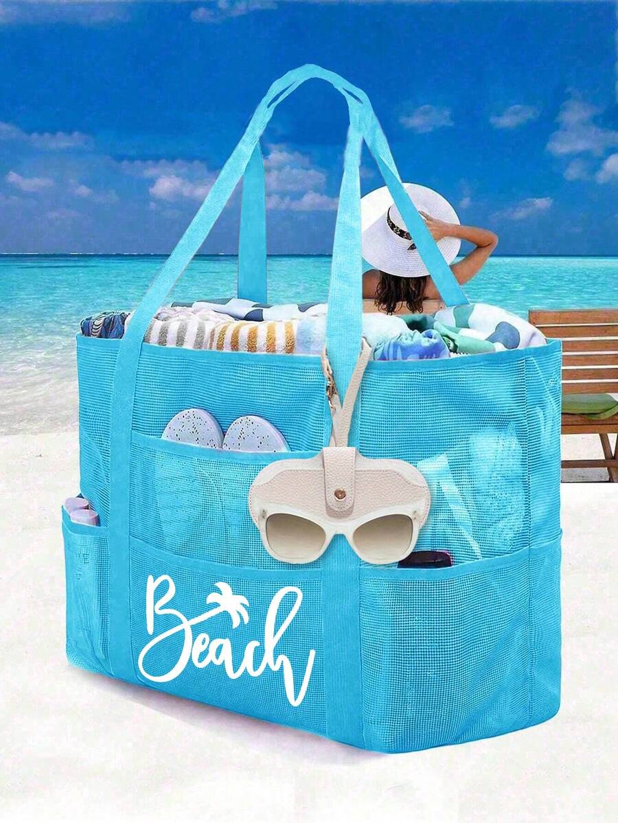 Mesh Beach Bag Large Beach Tote Bag, Multi-Use Organizer With Zipper Closure, Foldable Handy Large Mesh Tote Bag Lightweight For Family Beach Bag For Toys & Vacation Essentials ,School Bag, Large Capacity, Waterproof, Lightweight, Portable, Foldable,