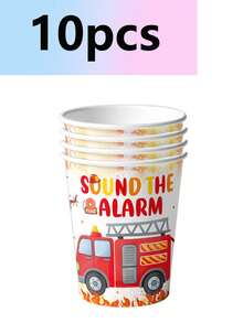 10pcs Cartoon Fire Truck Theme Birthday Party Potluck Paper Cups Paper Plates Consumer Activity Drill Disposable Tableware Set Fire Speech Fire Animation Party - Multicolor - View 11