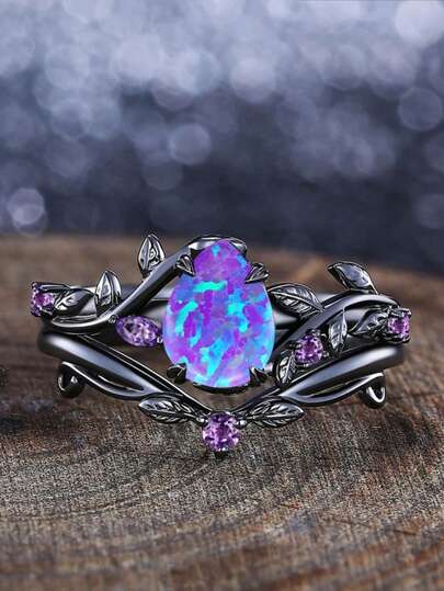 2pcs Set, Vintage Purple Pear Cut Synthetic Opal & Leaf Design Gun Black Rings, Suitable For Festivals, Parties, Daily Wear, All Seasons