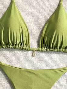 加大码吊带侧丁字裤比基尼套装，采用中等弹力面料，性感休闲加大码泳衣 - 橄欖綠 - 查看 9