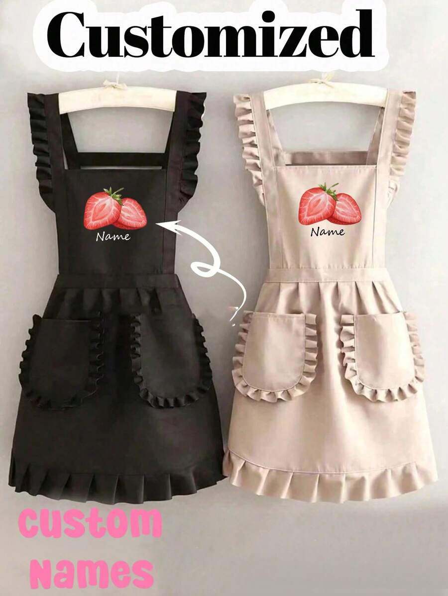 1 szt. Dostosowany nadrukowany stylowy fartuch, elegancki damski dostosowany nadrukowany fartuch, wodoodporny i odporny na plamy, fartuch ze śliczną koronkową spódnicą, czarny fartuch odporny na plamy, bezrękawnik, do domu, kuchni