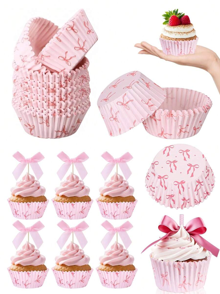 330pcs Pink Bow Cupcake Liners, Bowknot Cupcake Liners Baking Cups, Bowknot Ribbons Cake Toppers, Birthday Cake Decorations For Bachelorette Bridal Babe Shower Birthday Wedding Party Supplies