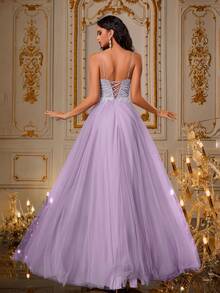 VIPGIRL 女士亮片网眼性感开衩细肩带连衣裙，优雅晚礼服 - 淡紫色 - 查看 2