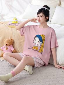 Conjunto de 2 piezas de pijama de estilo mujer con cuello redondo y manga corta - estampado a cuadros, ribete de encaje, diseño lindo de niña de dibujos animados en color rosa