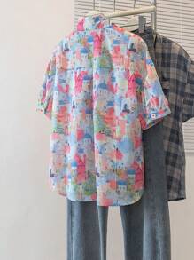 YUXIN [Spring/Summer ] Women's Colorful Castle Print Short - Sleeve Shirt, Loose Lapel Design, Breathable And Comfortable, Suitable For Daily And Vacation, Multiple Matching Options