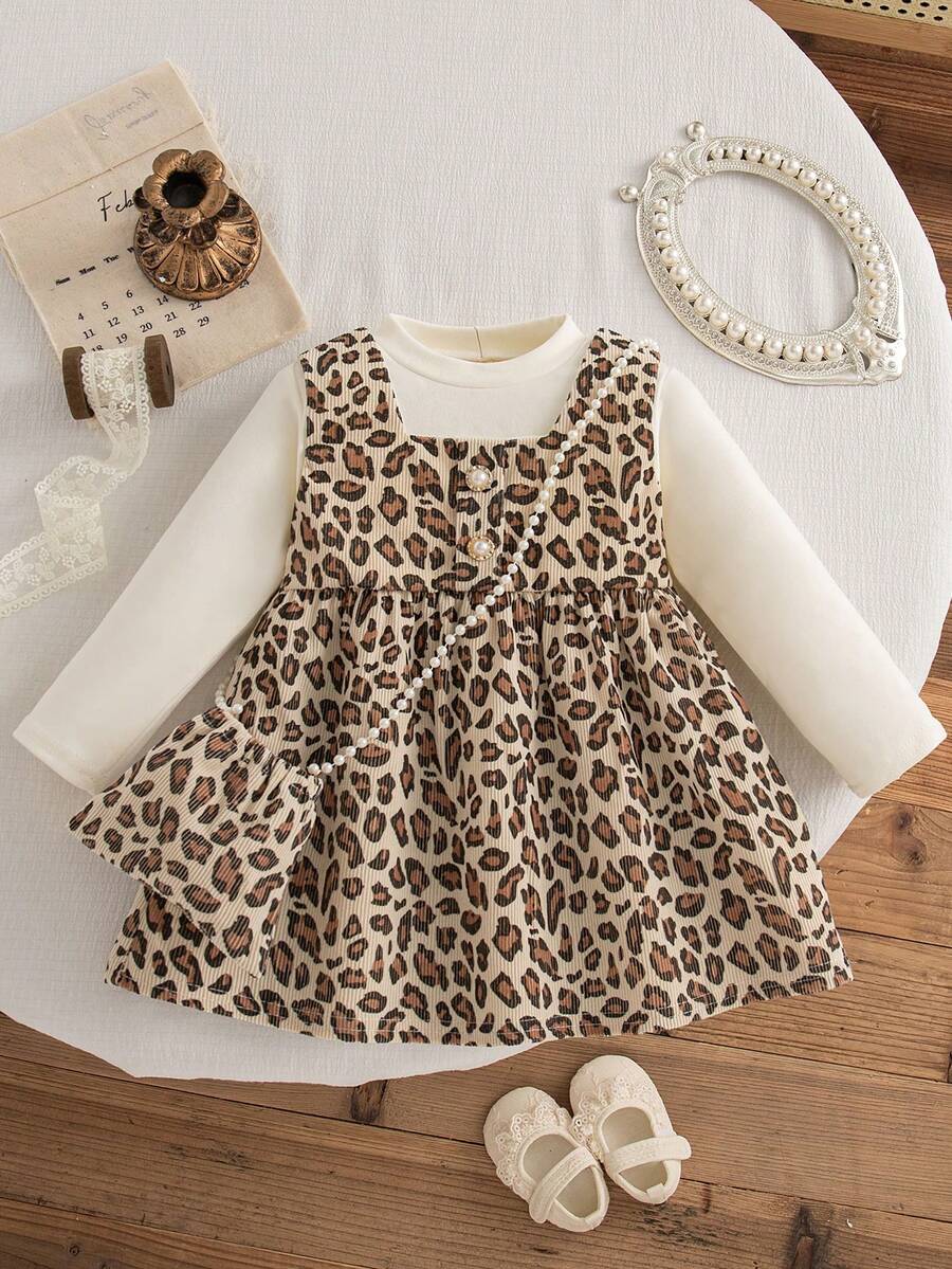 2pcs/Set Toddler Girls Leopard Print 2 In 1 Long Sleeve Dress And Bag, Cute Daily Outfit For Spring/Autumn - Khaki - View 1