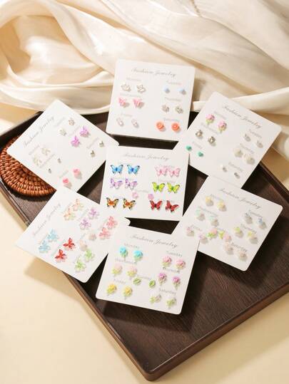 12 قطعة/14قطعة أقراط خرز كريستال واصطناعية على شكل زهور وفراشات وقلوب ونباتات، أنيقة ومناسبة للارتداء اليومي أو حفلات الزفاف أو المناسبات والحفلات الموسيقية والأعياد