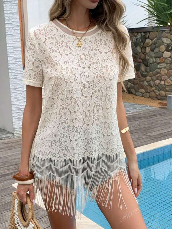 1 peça blusa de renda transparente com borlas e patchwork de cor sólida, adequada para uso diário, festa de aniversário, viagens, verão