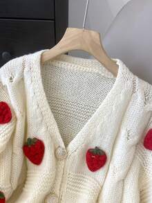 JIANHU V領中空立體裝飾可愛風格針織開衫 - 白色 - 查看 4