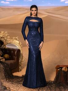 Faeriesty Đầm dạ hội đính sequin tinh tế với cổ tròn nhỏ nhắn và tay dài - thiết kế khoét lỗ, viền ren đính cườm và chân váy đuôi cá ấn tượng, thích hợp cho các buổi dạ tiệc/sự kiện thảm đỏ/đám cưới trang trọng/tiệc đêm giao thừa sang trọng/tiệc dạ hội lịch sự. - Màu xanh hải quân - Xem 2