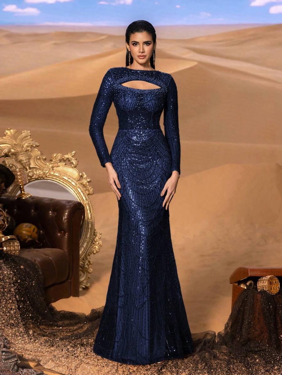 Faeriesty Đầm dạ hội đính sequin tinh tế với cổ tròn nhỏ nhắn và tay dài - thiết kế khoét lỗ, viền ren đính cườm và chân váy đuôi cá ấn tượng, thích hợp cho các buổi dạ tiệc/sự kiện thảm đỏ/đám cưới trang trọng/tiệc đêm giao thừa sang trọng/tiệc dạ hội lịch sự.