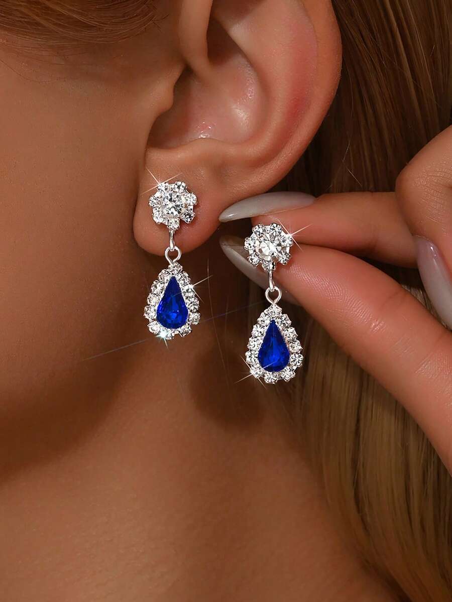 1 Pair Of Navy Blue Zirconia Earrings With Water Droplets,Suitable For Giving Gifts To Parties, Parties, Festivals, And Other Parties - Teardrop - View 1