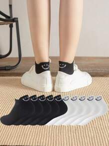 10 Pairs Women Smiling Face Jacquard Boat Socks, Low Vamp Non-Slip Solid Color Thin Soft Simple Short Socks
