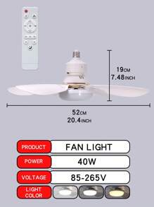 Ventilatore da soffitto da 40W con luce, 20,5" con vite, ventilatore da soffitto con luce e telecomando, ventilatore con presa E27 e LED per bagno, camera da letto, ventilatore LED bianco