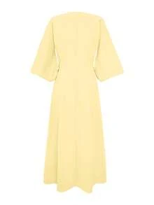 فستان طويل أنيق للنساء بأكمام ثلاثة أرباع مزين بطيات غير متماثلة وفتحة جانبية، لون أحادي، مناسب للارتداء اليومي