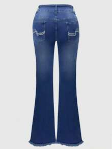 Women's High-Waisted Slightly Flared Pants, Raw Jeans, Slim Wash, Double Button, Geometric Embroidery, Mature Retro Fashion, Slim Fit, Tall And Thin, High-End Sense Of Luxury, Classic All-Season Versatile Flared Pants, Women's Pants - 中等水洗藍 - 查看 6