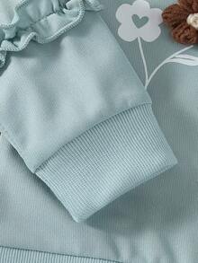 2pcs/Set Baby Girls Casual Floral Print Open Shoulder Long Sleeve Top & Flared Pants Set For Autumn/Winter - Green - View 4