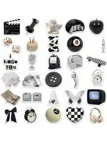 50张暗黑学院风贴纸，Y2K贴纸，黑白贴纸，韩版贴纸，复古贴纸，酷炫贴纸，美学贴纸，防水乙烯基贴纸，美学笔记本贴纸套装，滑板贴纸，水瓶贴纸，返校用品 - 彩色 - 查看 4