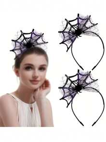 1 件优雅可爱的万圣节蜘蛛骷髅头带 - 万圣节网眼头饰，棉质制成，女士时尚配饰，派对用品，恐怖主题派对，万圣节装饰 - 彩色 - 查看 1