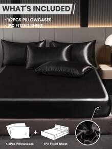 2/3pcs Fitted Sheet Set, Bedding Set, Satin Bed Sheet Set, Mattress Cover Set, Solid Color Skin-Friendly Bed Cover Set, Lightweight And Silky Smooth, Soft And Comfortable Bedding For Bedroom, Mattress Protector For Bedroom Decor, 1 Bed Sheet With 1/2 Pillowcases, Deep Pocket, For Single/Twin/Full/King/Queen Bed Sizes, Machine Washable, For Father's Day Gift, Perfect Holiday Gift