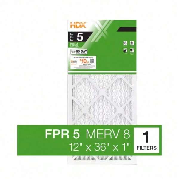 Don't Let Pollutants Ruin Your Day! HDX 12x36x1 In FPR 5, MERV 8 Filter Protects Your Home Captures And Traps Dust Mites, Pollen, Lint, And Pet Dander The FPR 5 Filter With A MERV 8 Rating Can Last Up To 90-Days