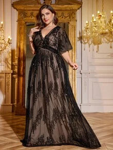 【随机裁剪】大码女式V领荷叶袖交叉腰部亮片撞色网纱派对鸡尾酒会礼服婚礼黑色春季 - 黑色 - 查看 4