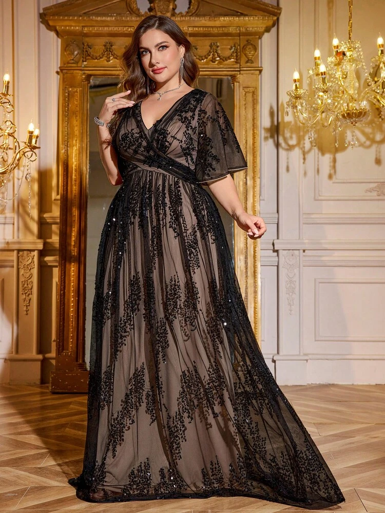 Elisanya Vestido de fiesta o cóctel para mujer talla grande con cuello en V, mangas con volantes, cintura cruzada, lentejuelas brillantes y contraste de malla - Negro - Añade 2