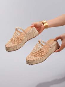 Sandalias con cuña de soga de cáñamo, suela gruesa, respirables con malla calada, diapositivas planas casuales para vacaciones de verano, zapatos de moda diarios para mujer