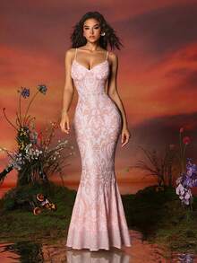 粉色亮片吊带 V 领高腰露背高开衩鸡尾酒会晚礼服，适合毕业典礼、晚宴