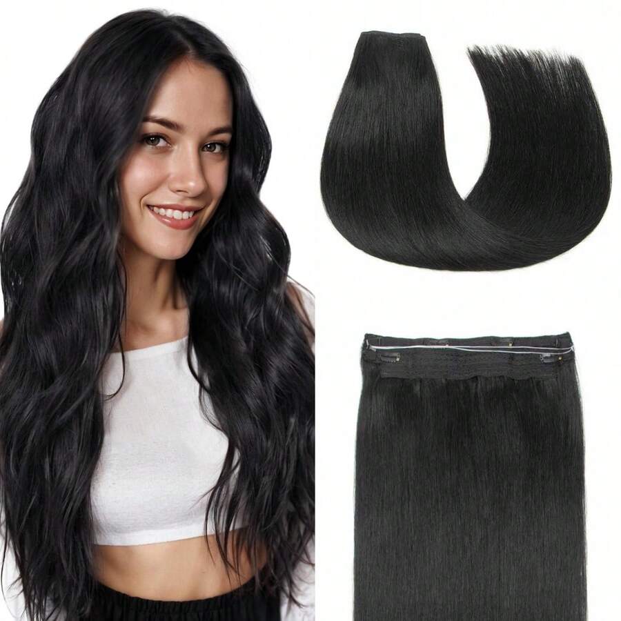 Invisible Wire Clip In Hair Extensions Human Hair Fish Wire Line 4 Clips One Piece Real Natural Hairpieces 12"-20" Add Volume Clip On Hair
