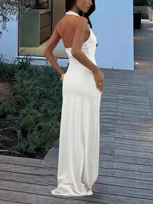 Women's Elegant Deep V-Neck Hollow Pleated Dress - Halter Neck Fitted Style, Suitable For Christmas Parties, New Year's Eve, Wedding Guests And Formal Occasions White Summer Party - White - View 10