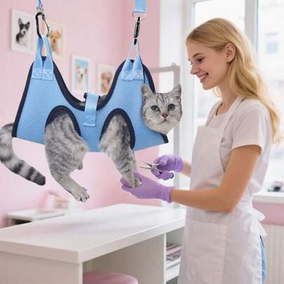 قطعة واحدة من حزام تسريح القطط والكلاب مع حقيبة العناية بالمخالب - حمالة تسريح الحيوانات الأليفة مع حزام لتقليم الأظافر والاستحمام وإعطاء الدواء