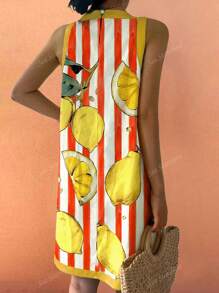 Vestido sin mangas con estampado de hojas de limón en conflicto, estilo boho, casual, de verano, para vacaciones, cómodo, para mujer, para salir a brunch