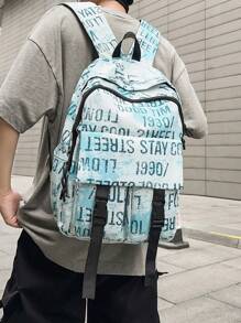 Casual Spacious Letter Print Multi-Pocket Snap Button Backpack, Unisex School/Travel Bag, Suitable For Students, School Season