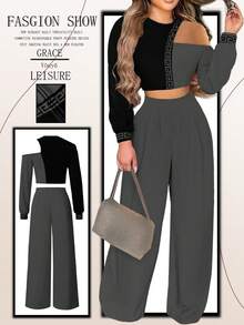 休闲修身印花长袖圆领T恤衬衫搭配梭织直筒裤女士夏季两件套