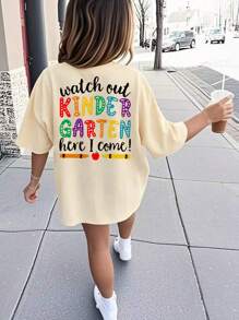 1pc Back To School Girls Casual Graphic Print Round Neck Short Sleeve T-Shirt, Summer Student Outfit - Crayon & Pencil Sketch Minimalist English Letter Style T-Shirt To Inspire Imagination And Self-Expression