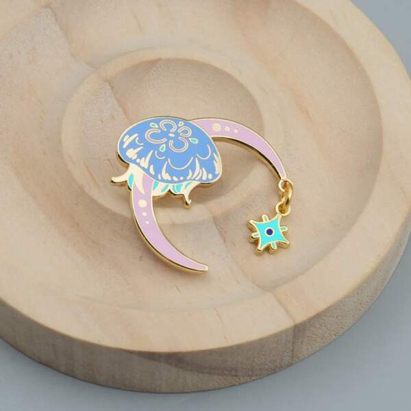 Cartoon Jellyfish On Moon Design Metal Brooch, Creative Ocean Theme Pin Accessory For Clothes, Bags