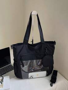 1 件黑色尼龙女士托特包，简约轻便大容量可折叠单肩包，学校/大学生休闲包，带多个口袋，日式可爱零钱包