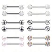 12 件/套不锈钢舌环，微镶嵌锆石杠铃舌环，穿孔珠宝，男女通用，朋克风格，闪亮的嘴唇和舌头，穿孔珠宝，持久的色彩，适合夜店派对的日常佩戴 - 彩色 - 查看 15