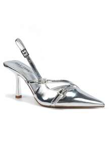 RevReaL 女士漆皮细带尖头细高跟鞋，性感休闲可爱仙女婚礼优雅时尚带扣 - 銀色 - 查看 2