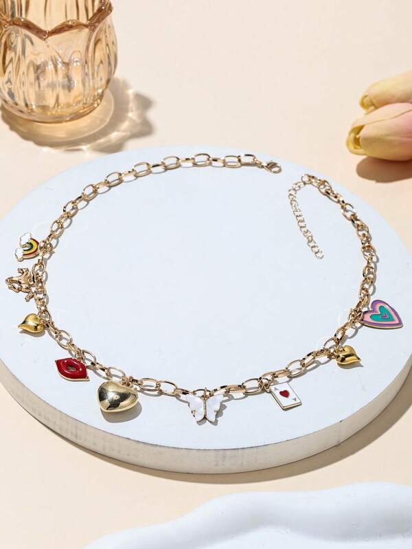 1pc Fashionable Heart Locket, Lip, Butterfly, Peach, Rainbow Pony Pendant Necklace Combo, Suitable For Women's Daily Wear And Music Festival Party, Mother's Day Jewelry Gift